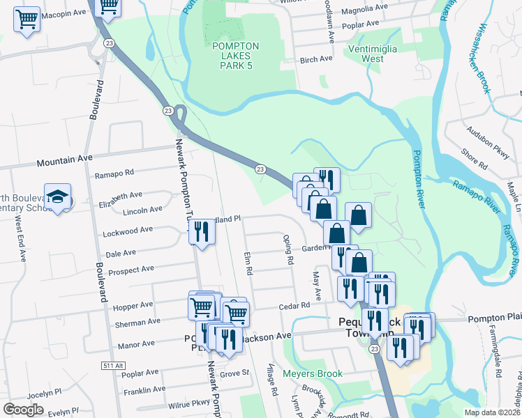 map of restaurants, bars, coffee shops, grocery stores, and more near 26 Woodland Place in Pequannock Township