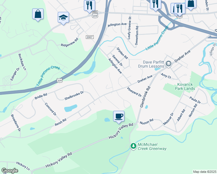 map of restaurants, bars, coffee shops, grocery stores, and more near 404 Mellow Lane in Stroudsburg