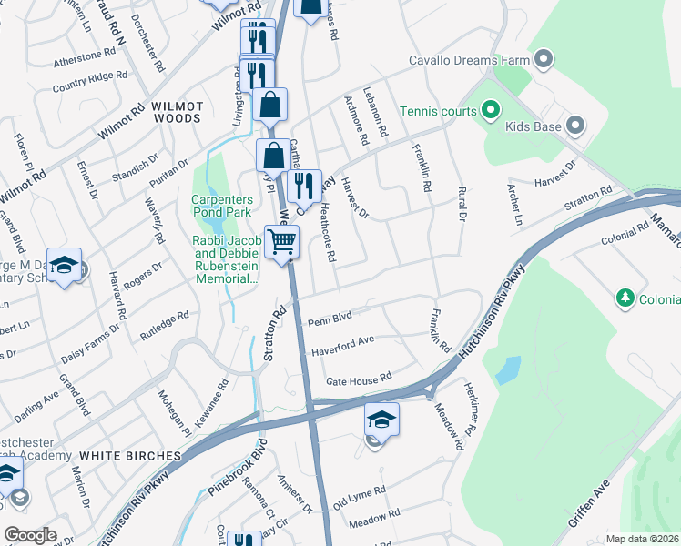 map of restaurants, bars, coffee shops, grocery stores, and more near 404 Heathcote Road in Scarsdale