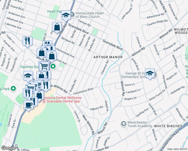 map of restaurants, bars, coffee shops, grocery stores, and more near 150 Locust Avenue in Scarsdale