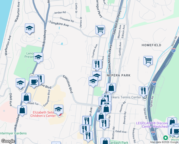 map of restaurants, bars, coffee shops, grocery stores, and more near 177 Truman Avenue in Yonkers