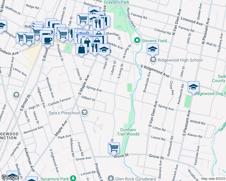 map of restaurants, bars, coffee shops, grocery stores, and more near 370 Spring Avenue in Ridgewood