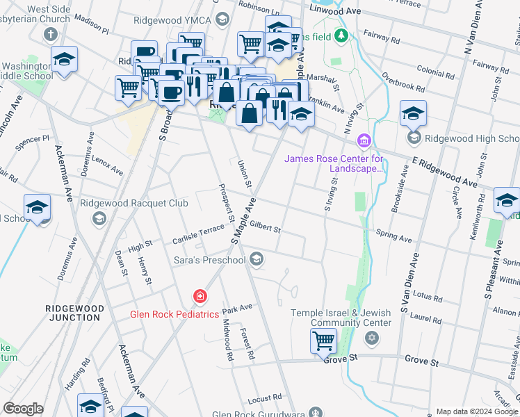 map of restaurants, bars, coffee shops, grocery stores, and more near 329 Gilbert Street in Ridgewood
