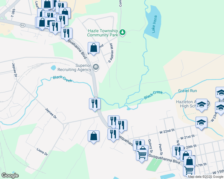 map of restaurants, bars, coffee shops, grocery stores, and more near 1115 South Providence Road in Luzerne County