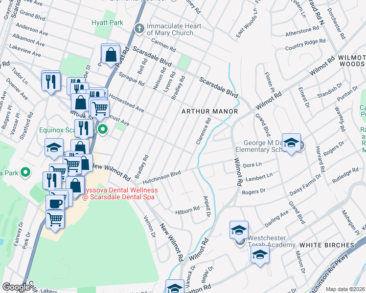 map of restaurants, bars, coffee shops, grocery stores, and more near 150 Locust Avenue in Scarsdale
