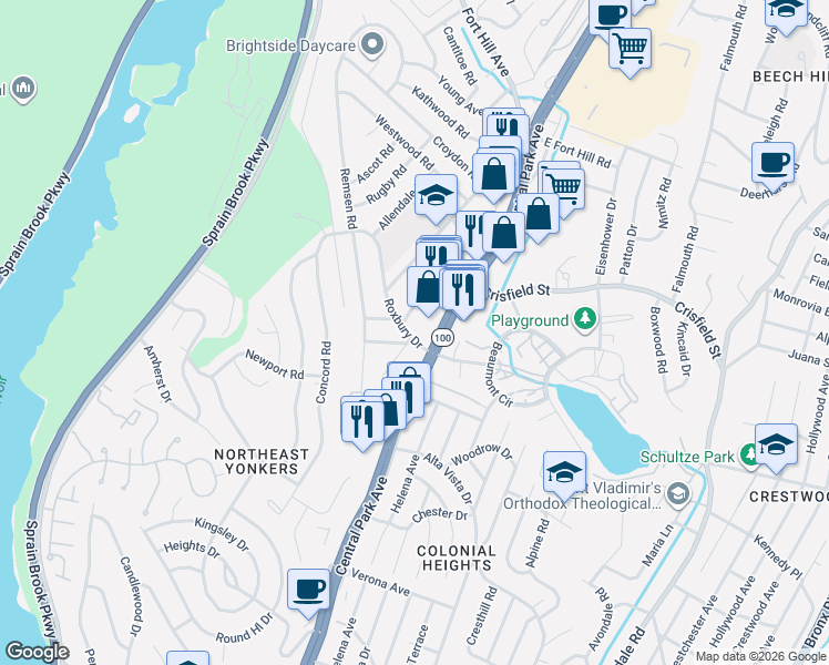 map of restaurants, bars, coffee shops, grocery stores, and more near 17 Roxbury Drive in Yonkers