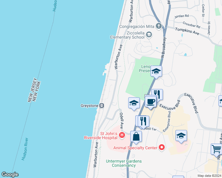 map of restaurants, bars, coffee shops, grocery stores, and more near 1135 Warburton Avenue in Yonkers
