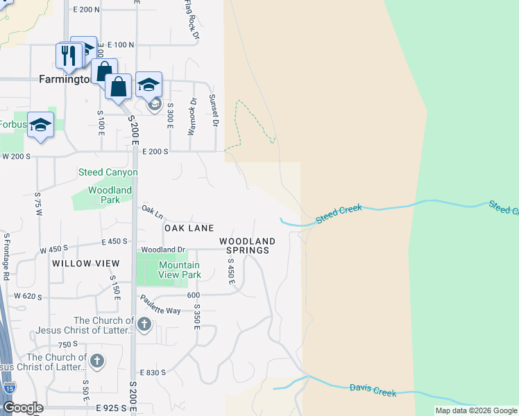 map of restaurants, bars, coffee shops, grocery stores, and more near 383 South 500 East in Farmington