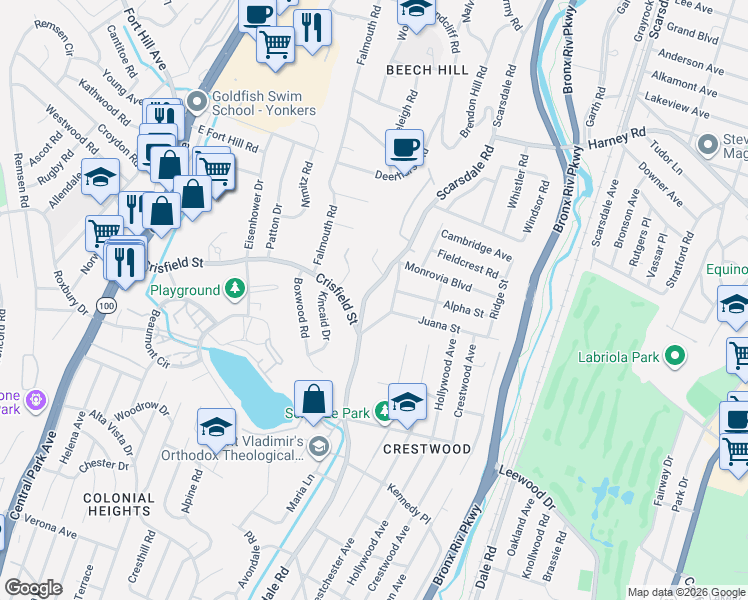 map of restaurants, bars, coffee shops, grocery stores, and more near 700 Scarsdale Road in Yonkers