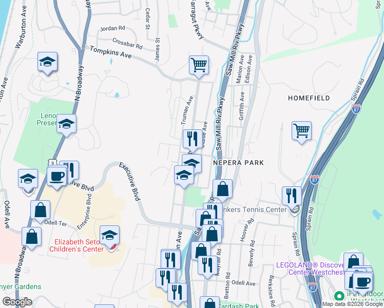 map of restaurants, bars, coffee shops, grocery stores, and more near 113 Clunie Avenue in Yonkers