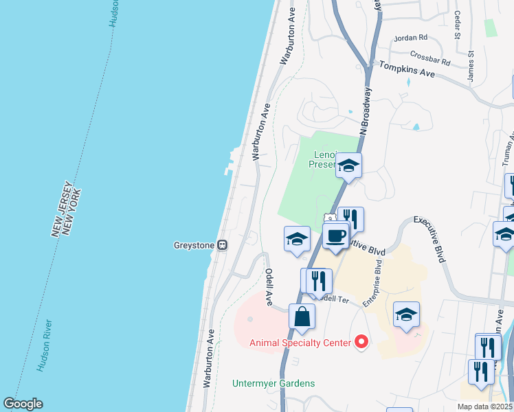 map of restaurants, bars, coffee shops, grocery stores, and more near 1104 Warburton Avenue in Yonkers