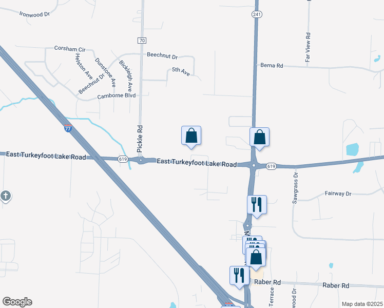 map of restaurants, bars, coffee shops, grocery stores, and more near 1541 East Turkeyfoot Lake Road in Akron