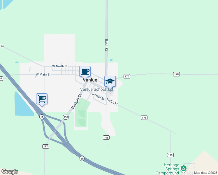 map of restaurants, bars, coffee shops, grocery stores, and more near 301 East Street in Vanlue