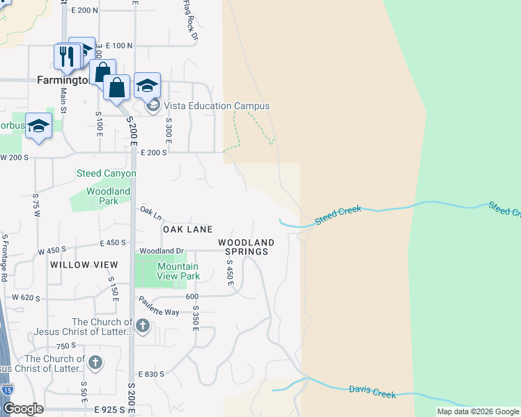 map of restaurants, bars, coffee shops, grocery stores, and more near 383 South 500 East in Farmington