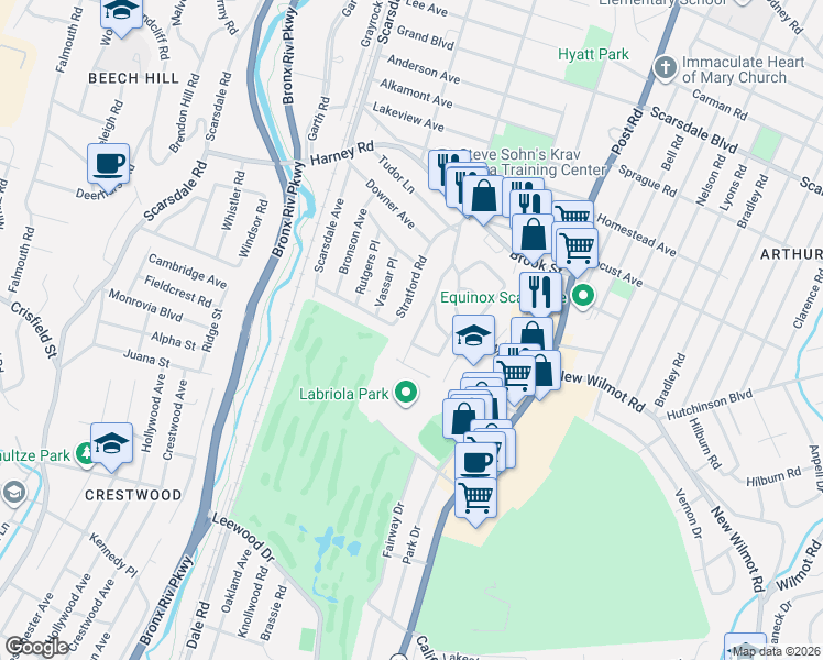 map of restaurants, bars, coffee shops, grocery stores, and more near 26 Dogwood Drive in Scarsdale