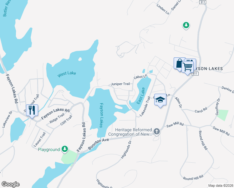 map of restaurants, bars, coffee shops, grocery stores, and more near 63 Lakeside Trail in Kinnelon
