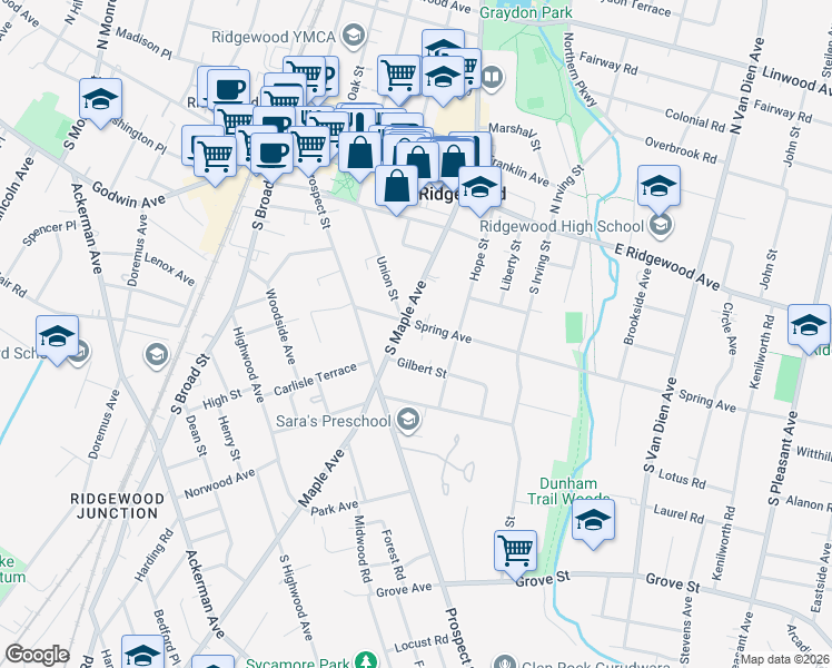 map of restaurants, bars, coffee shops, grocery stores, and more near 310 Spring Avenue in Ridgewood