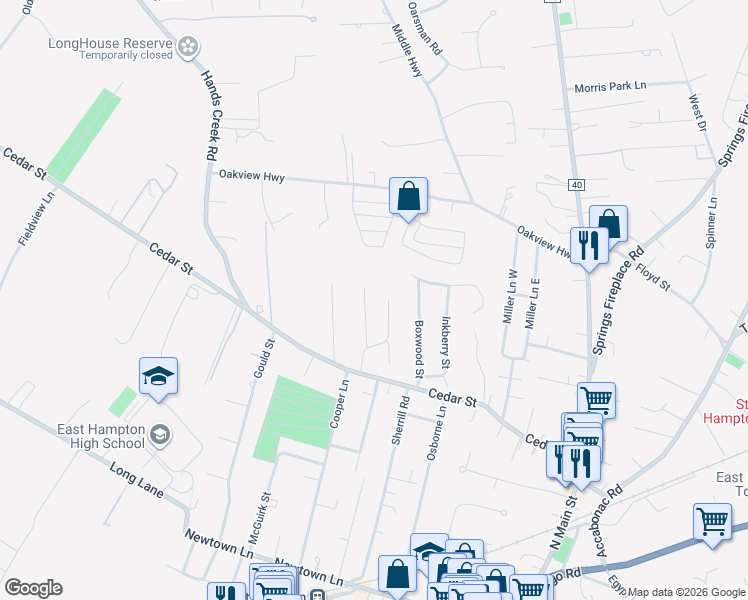 map of restaurants, bars, coffee shops, grocery stores, and more near 29 Hedge Row Lane in East Hampton