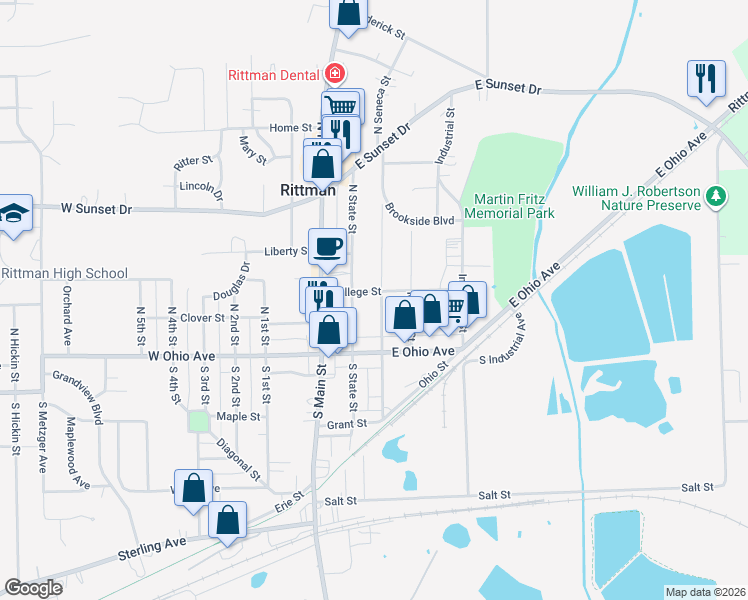 map of restaurants, bars, coffee shops, grocery stores, and more near 38 North State Street in Rittman