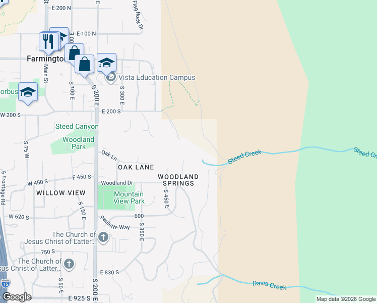 map of restaurants, bars, coffee shops, grocery stores, and more near 383 South 500 East in Farmington