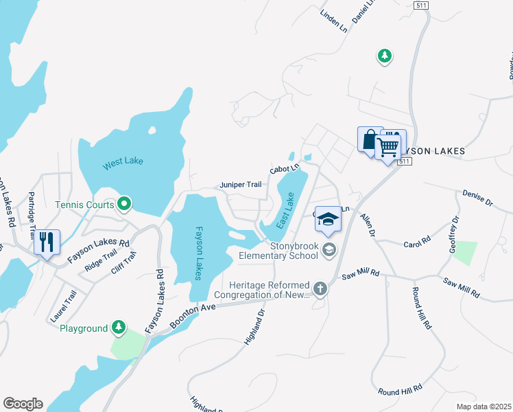 map of restaurants, bars, coffee shops, grocery stores, and more near 52 Lakeside Trail in Kinnelon