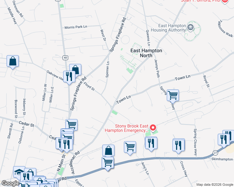 map of restaurants, bars, coffee shops, grocery stores, and more near 143 Accabonac Road in East Hampton