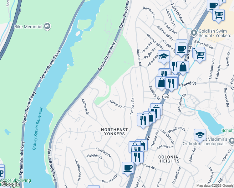 map of restaurants, bars, coffee shops, grocery stores, and more near 144 Newport Road in Yonkers