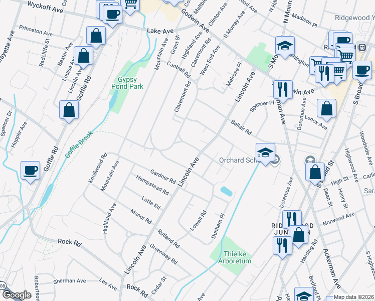 map of restaurants, bars, coffee shops, grocery stores, and more near 217 McKinley Place in Ridgewood