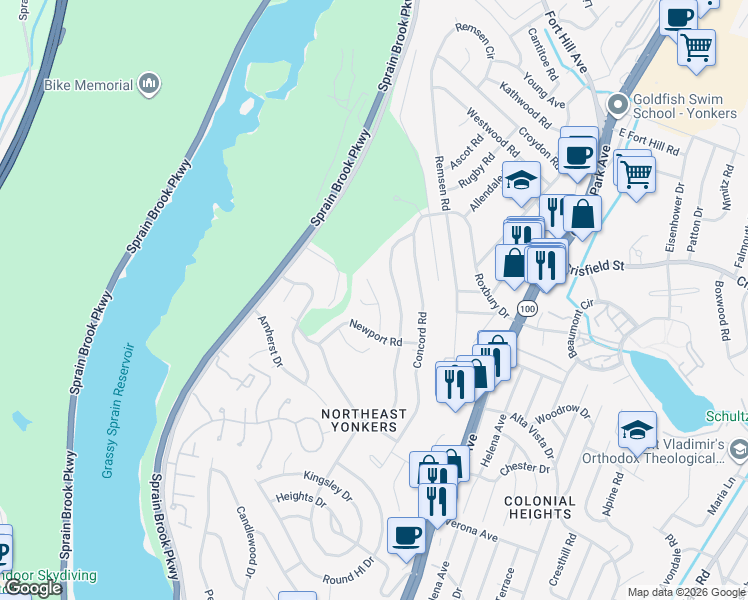 map of restaurants, bars, coffee shops, grocery stores, and more near 144 Newport Road in Yonkers