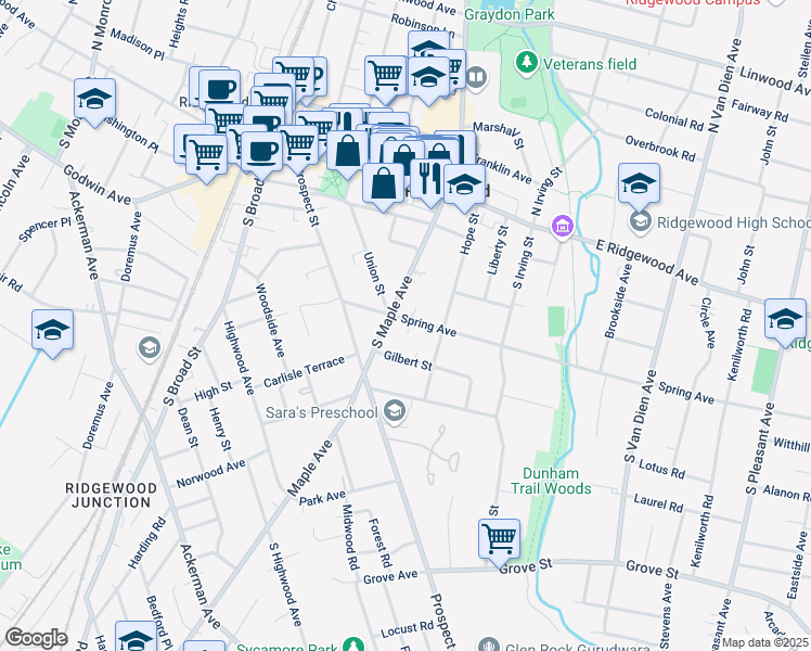 map of restaurants, bars, coffee shops, grocery stores, and more near 329 Gilbert Street in Ridgewood