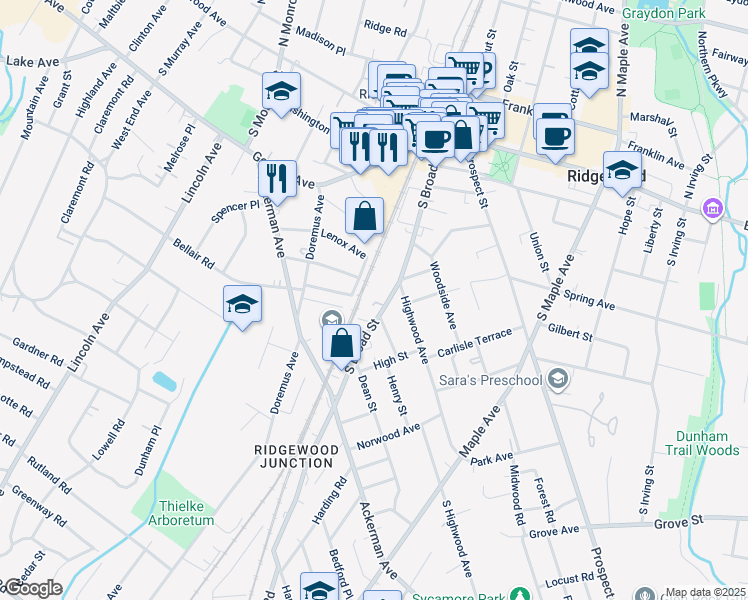 map of restaurants, bars, coffee shops, grocery stores, and more near 253 Edwards Street in Ridgewood
