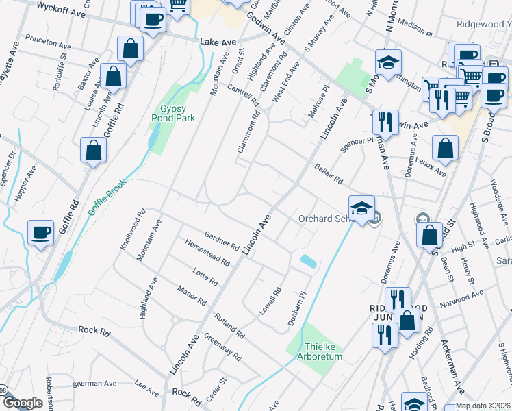 map of restaurants, bars, coffee shops, grocery stores, and more near 217 McKinley Place in Ridgewood