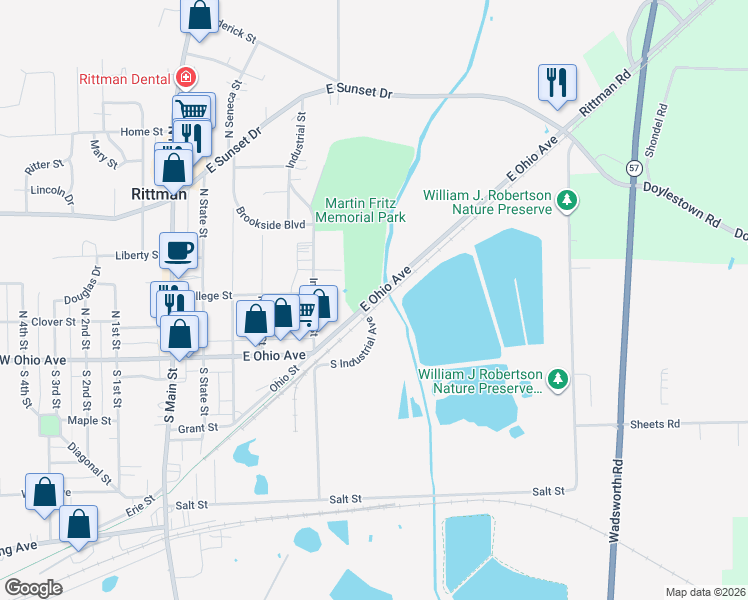 map of restaurants, bars, coffee shops, grocery stores, and more near 155-199 South Industrial Avenue in Rittman