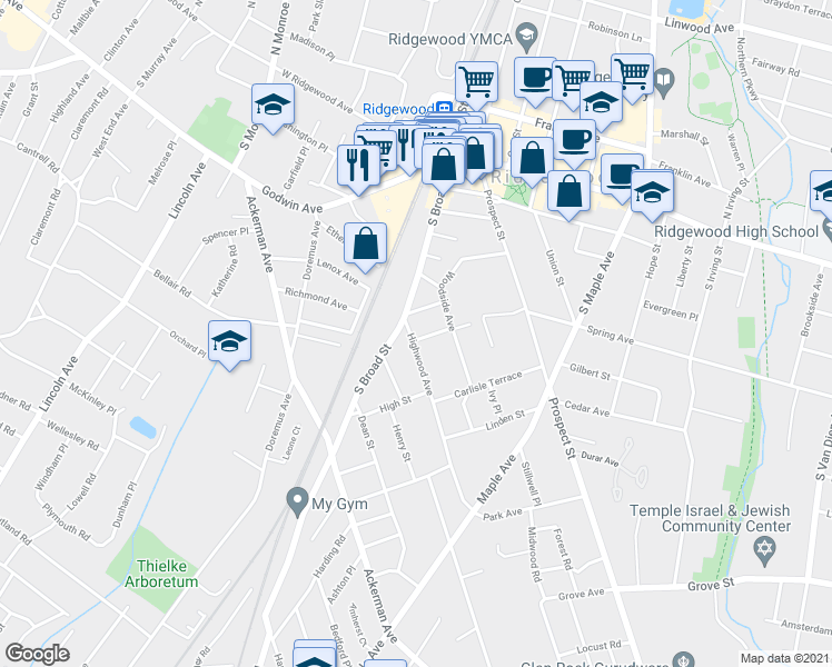 map of restaurants, bars, coffee shops, grocery stores, and more near 217 Highwood Avenue in Ridgewood
