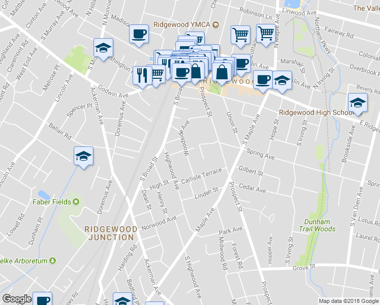 map of restaurants, bars, coffee shops, grocery stores, and more near 239 Woodside Avenue in Ridgewood