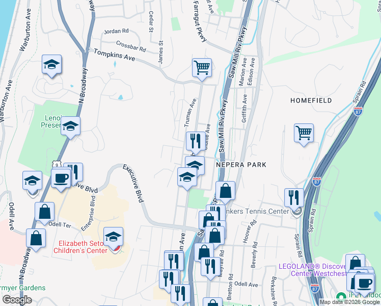 map of restaurants, bars, coffee shops, grocery stores, and more near 1465 Nepperhan Avenue in Yonkers