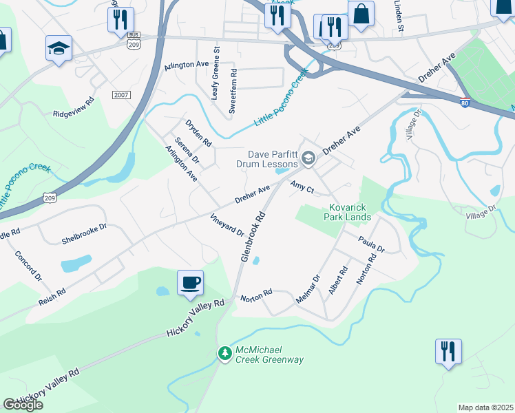 map of restaurants, bars, coffee shops, grocery stores, and more near 5601 Glenbrook Road in Stroudsburg