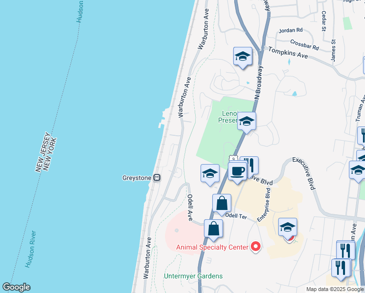 map of restaurants, bars, coffee shops, grocery stores, and more near 1104 Warburton Avenue in Yonkers
