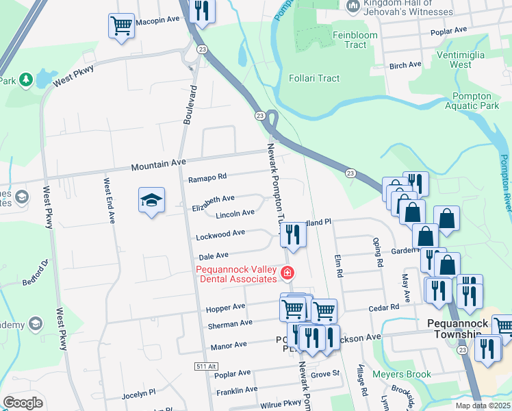 map of restaurants, bars, coffee shops, grocery stores, and more near 4 Lockwood Avenue in Pequannock Township