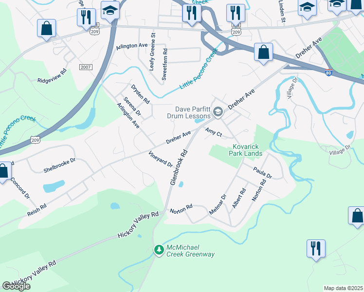 map of restaurants, bars, coffee shops, grocery stores, and more near 5601 Glenbrook Road in Stroudsburg