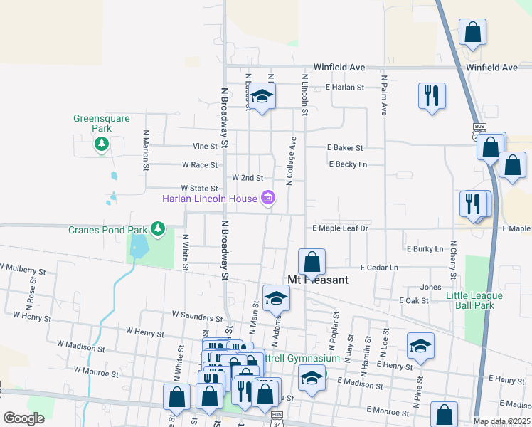 map of restaurants, bars, coffee shops, grocery stores, and more near 101 East Broad Street in Mount Pleasant