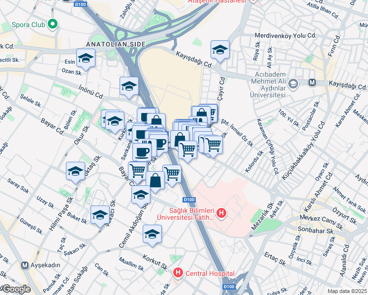 map of restaurants, bars, coffee shops, grocery stores, and more near 1 Üsküdar-İçerenköy Caddesi in Ataşehir