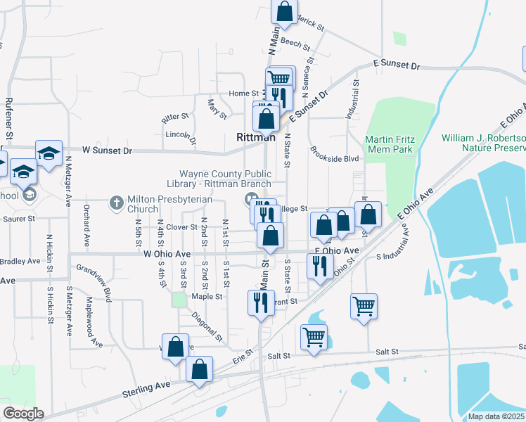 map of restaurants, bars, coffee shops, grocery stores, and more near 75 North Main Street in Rittman