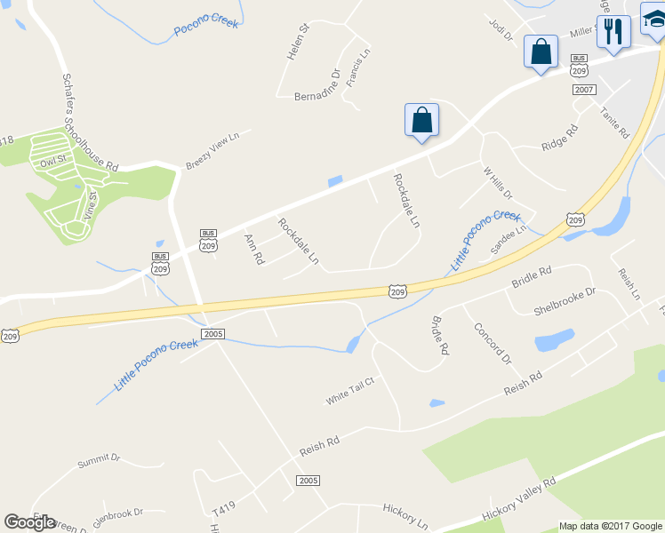map of restaurants, bars, coffee shops, grocery stores, and more near 1451 Rockdale Lane in Stroudsburg