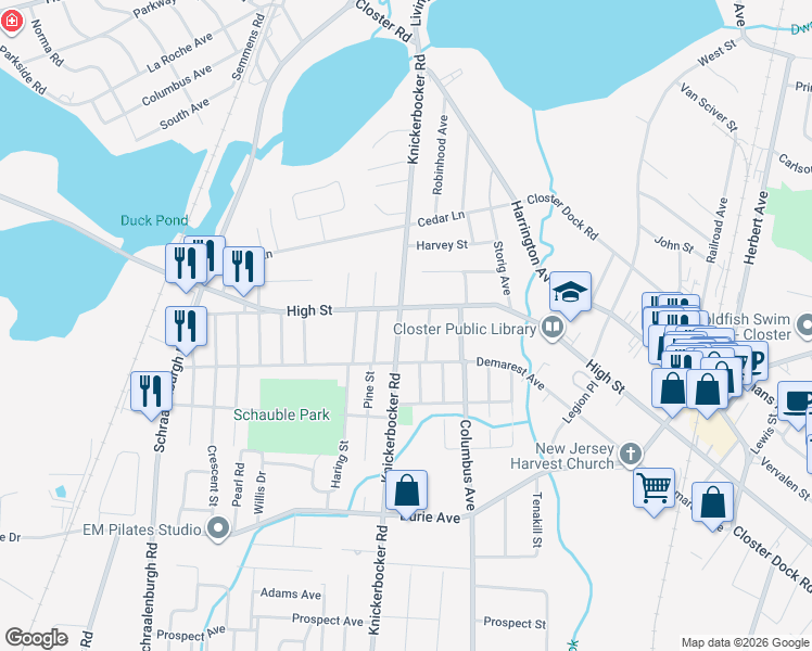 map of restaurants, bars, coffee shops, grocery stores, and more near 36 Whitney Street in Closter
