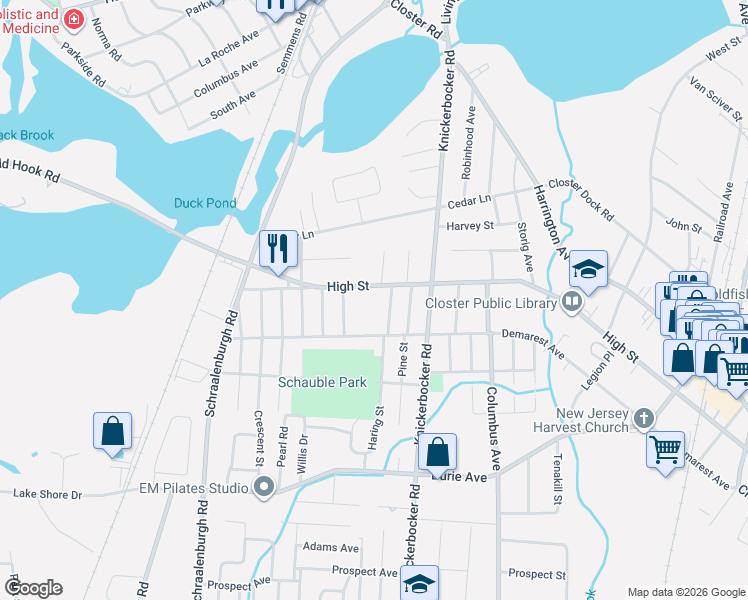 map of restaurants, bars, coffee shops, grocery stores, and more near 123 Demarest Avenue in Closter