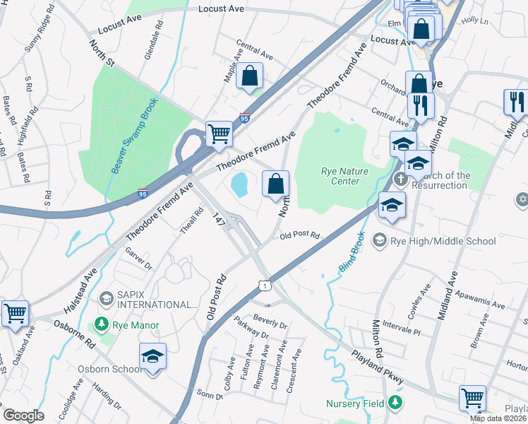 map of restaurants, bars, coffee shops, grocery stores, and more near 12 Marlene Court in Rye