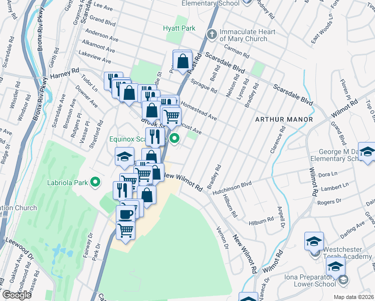 map of restaurants, bars, coffee shops, grocery stores, and more near 50 Ackerman Place in Scarsdale