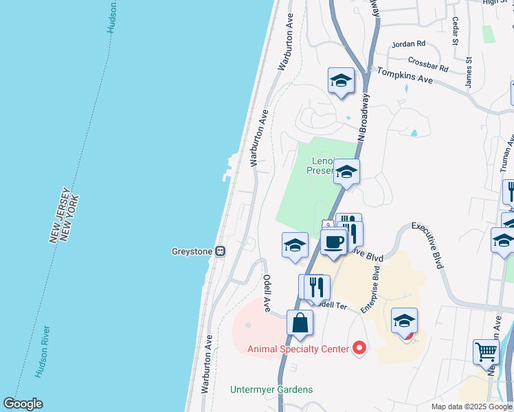 map of restaurants, bars, coffee shops, grocery stores, and more near 1116 Warburton Avenue in Yonkers