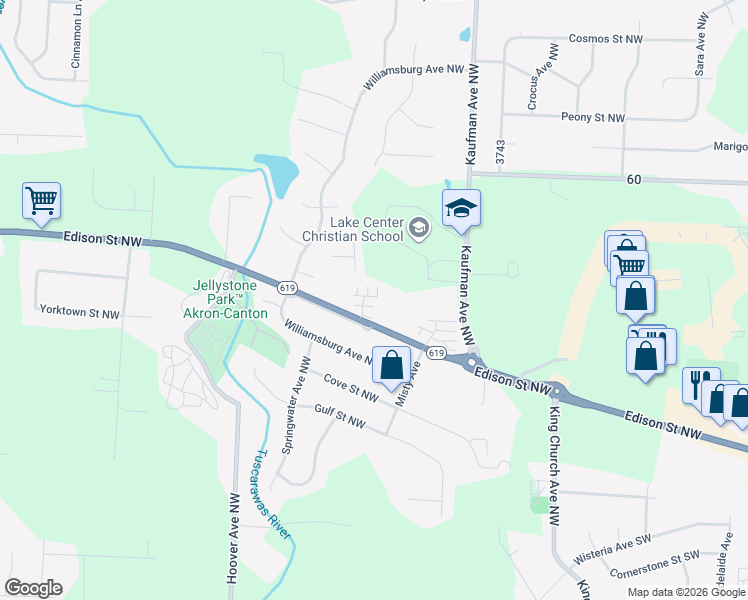 map of restaurants, bars, coffee shops, grocery stores, and more near 12785 Nashua Lane Northwest in Uniontown